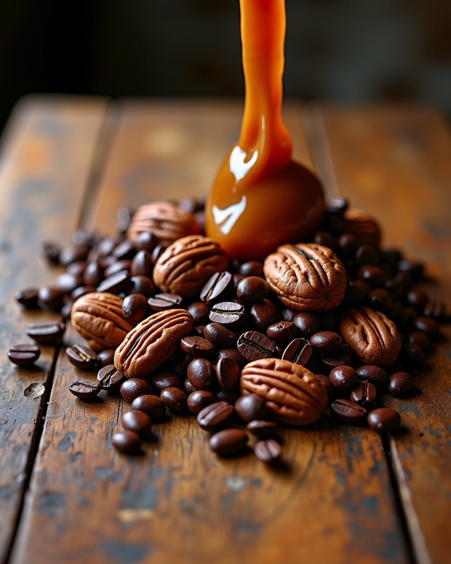 Caramel, Pecans and Coffee beans