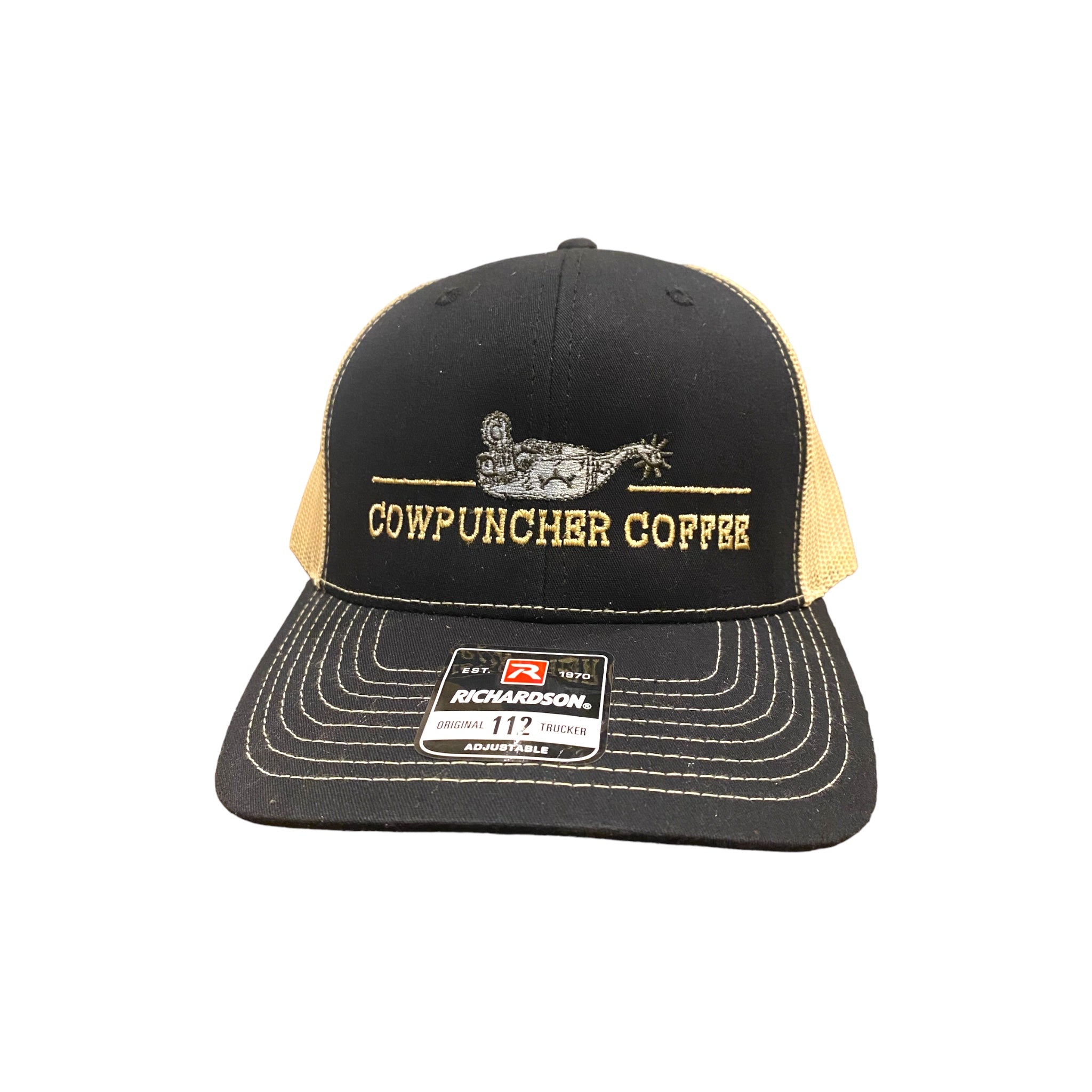 Cowpuncher Coffee 6-panel Richardson Original 112 Trucker, Tan and Black Cap