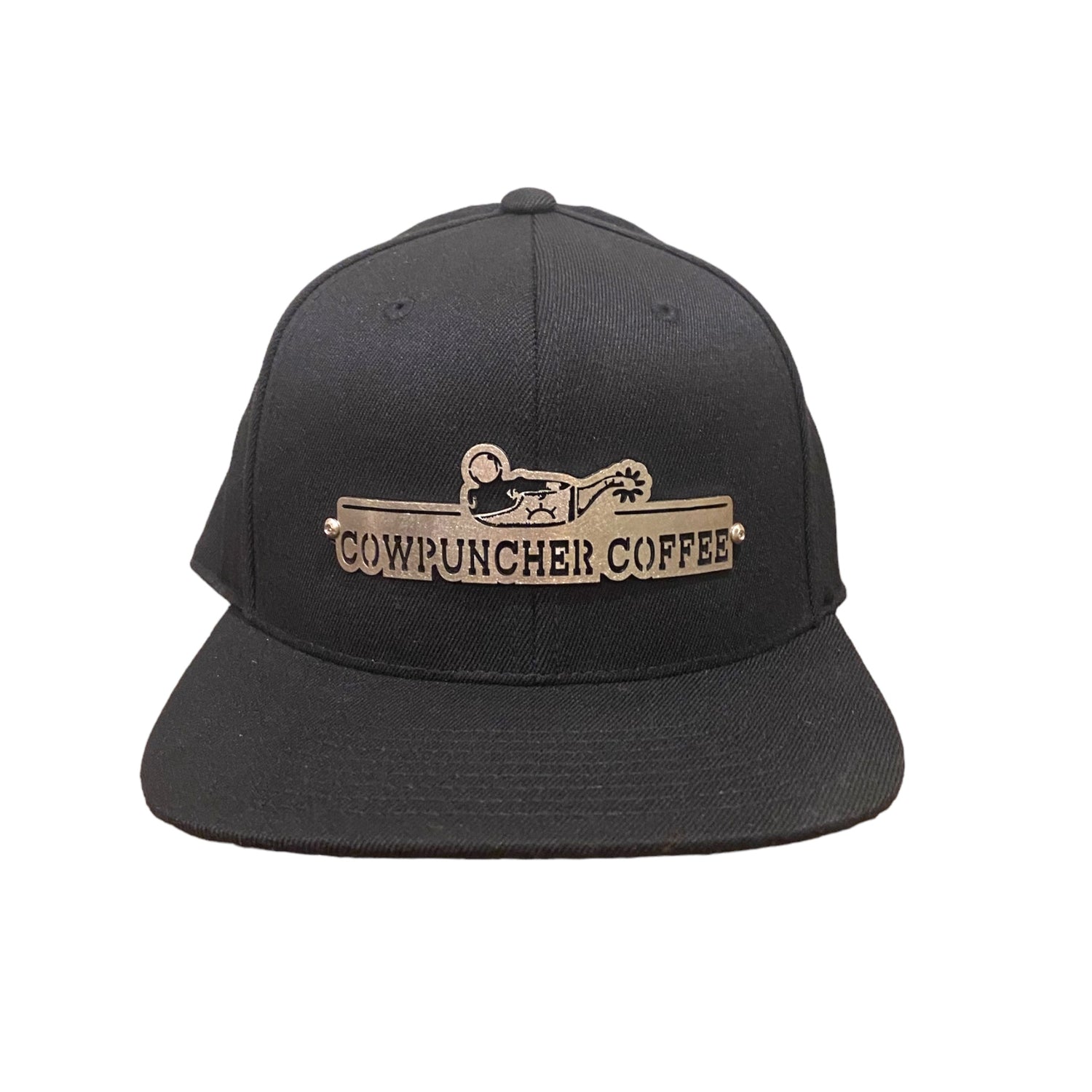 Cowpuncher Coffee Premium Trucker Flatbill, Black with Brushed Stainless Steel Cap